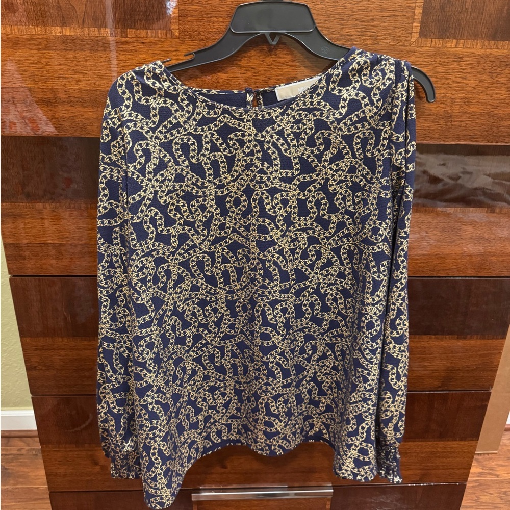 Michael Kors Navy Chain-Print Long Sleeve Women's Top